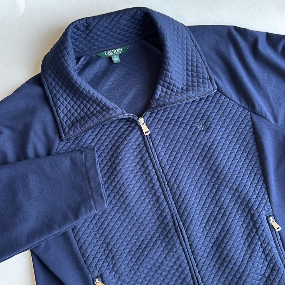 Ralph Lauren Blue Quilted Full Zip Preppy Stretch Comfort Jacket Women’s Size XL